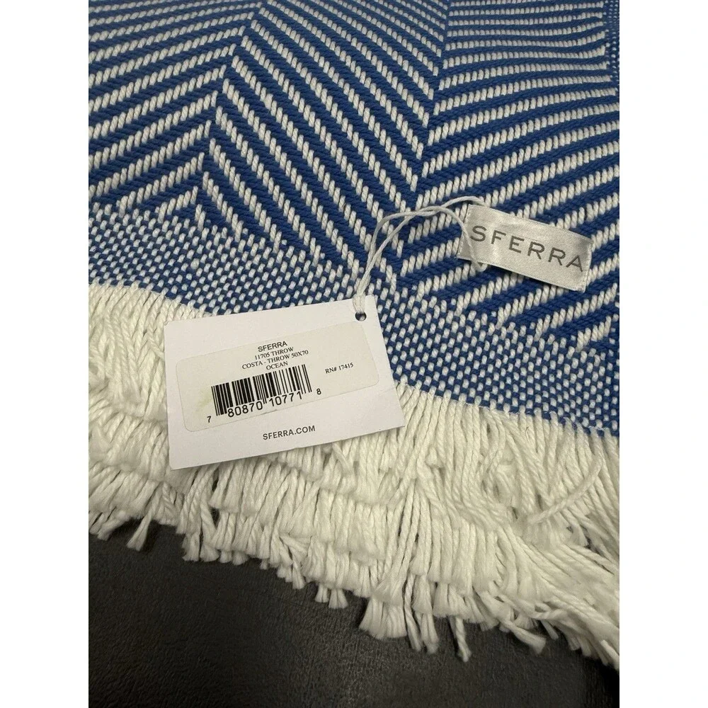 Sferra Costa Cotton Throw Blanket Ocean Blue Herringbone Weave Fringed 50x70 New