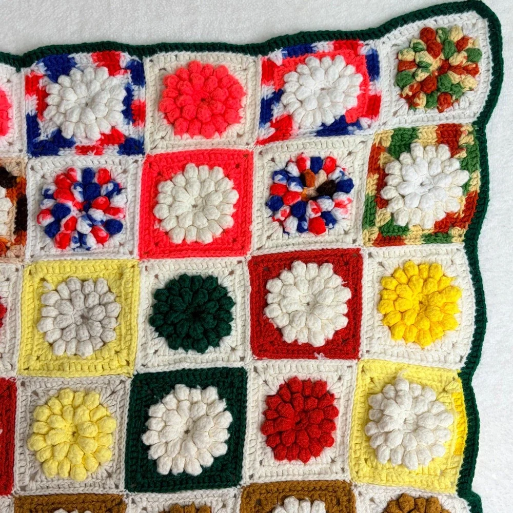 Handmade Crochet Granny Square Floral‎ Popcorn Stitch Afghan Blanket 32x51