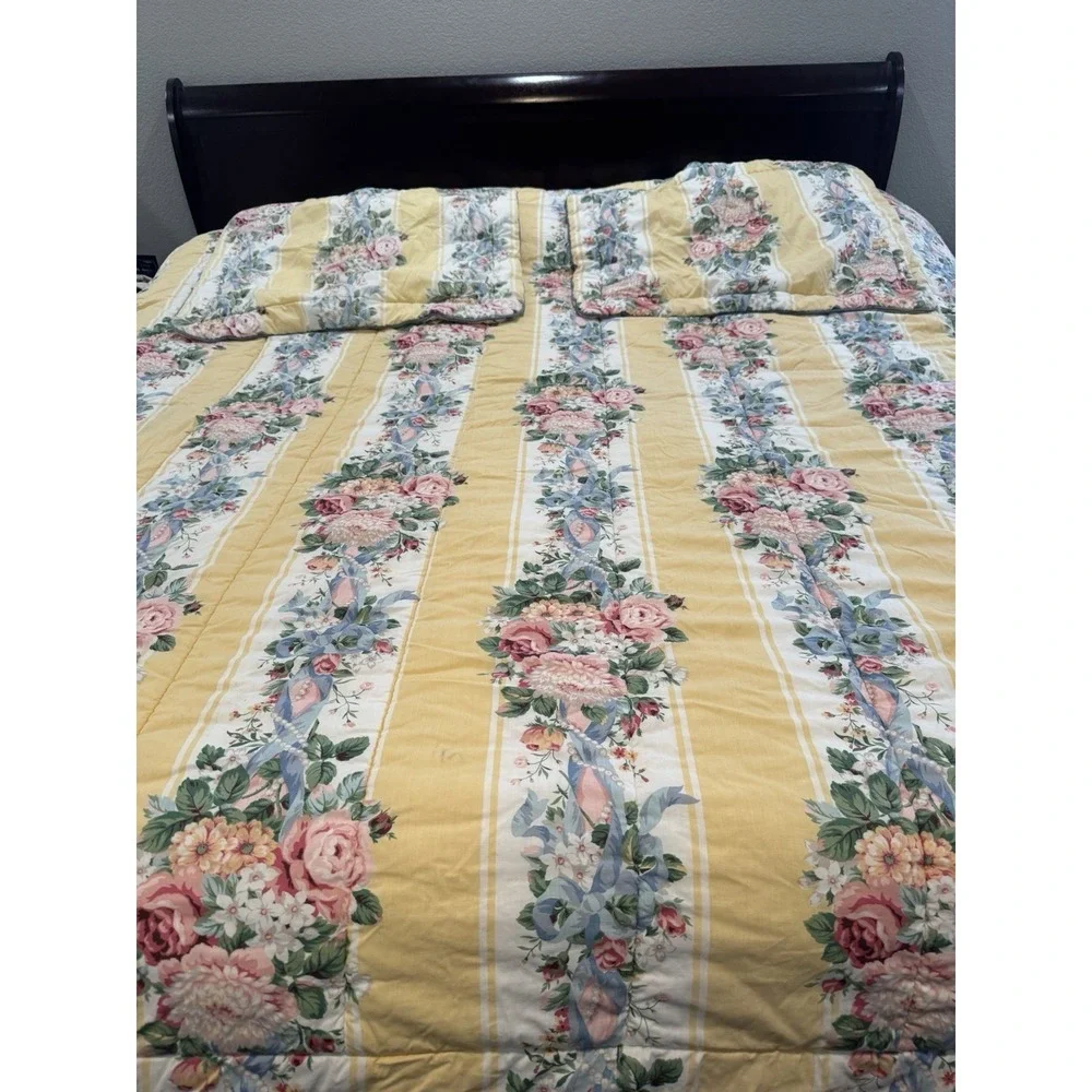 Croscill PRINCESS FLORAL Yellow Striped Pearl Comforter Queen King Sham Set FLAW