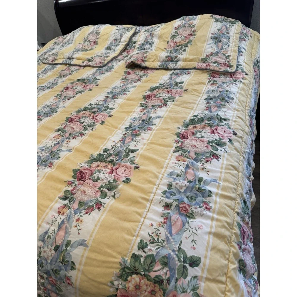 Croscill PRINCESS FLORAL Yellow Striped Pearl Comforter Queen King Sham Set FLAW