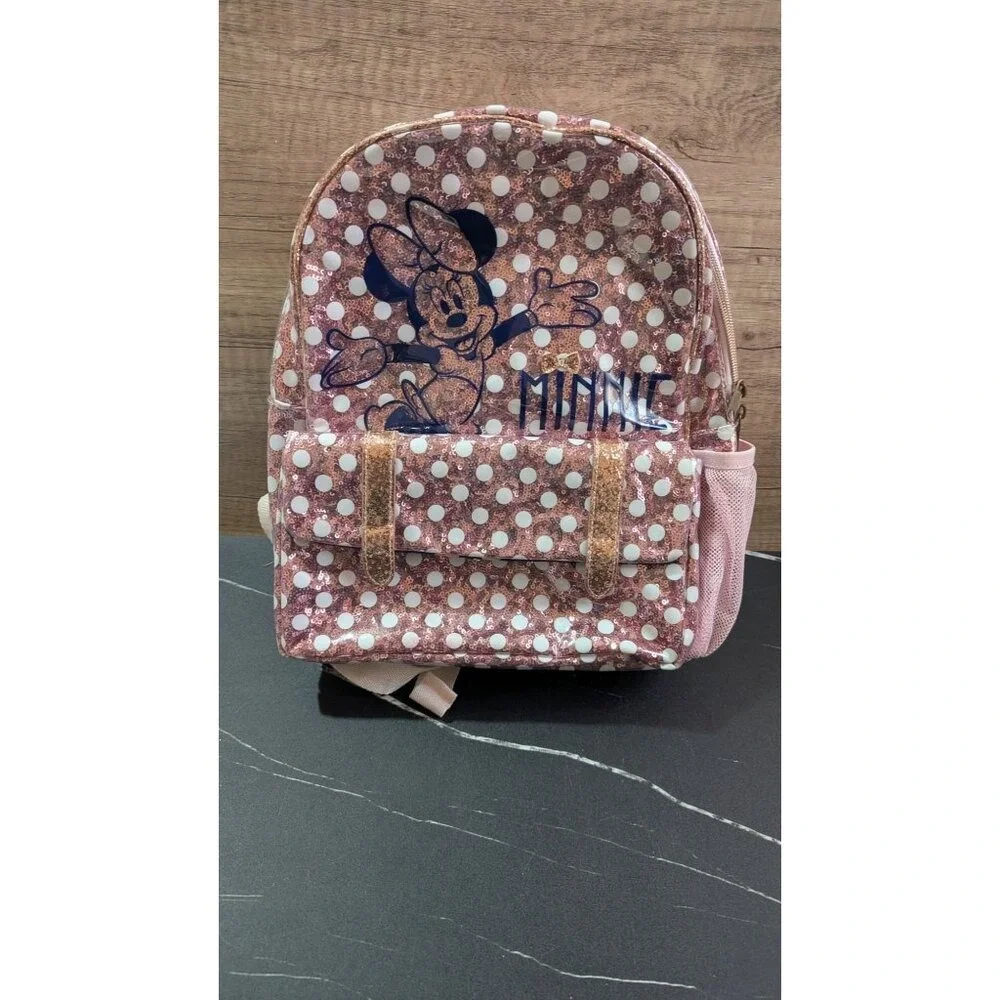 Disney‎ Parks Minnie Mouse Rose Gold Sequin Polka Dot 12 inch Backpack Pink