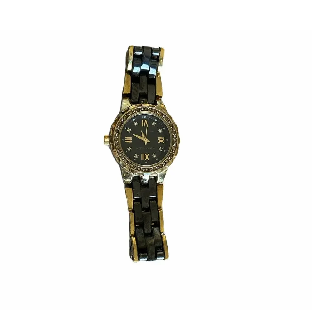 Anne Klein 10/9456 Two-Tone Gold & Black Ceramic Watch with Swarovski Crystals