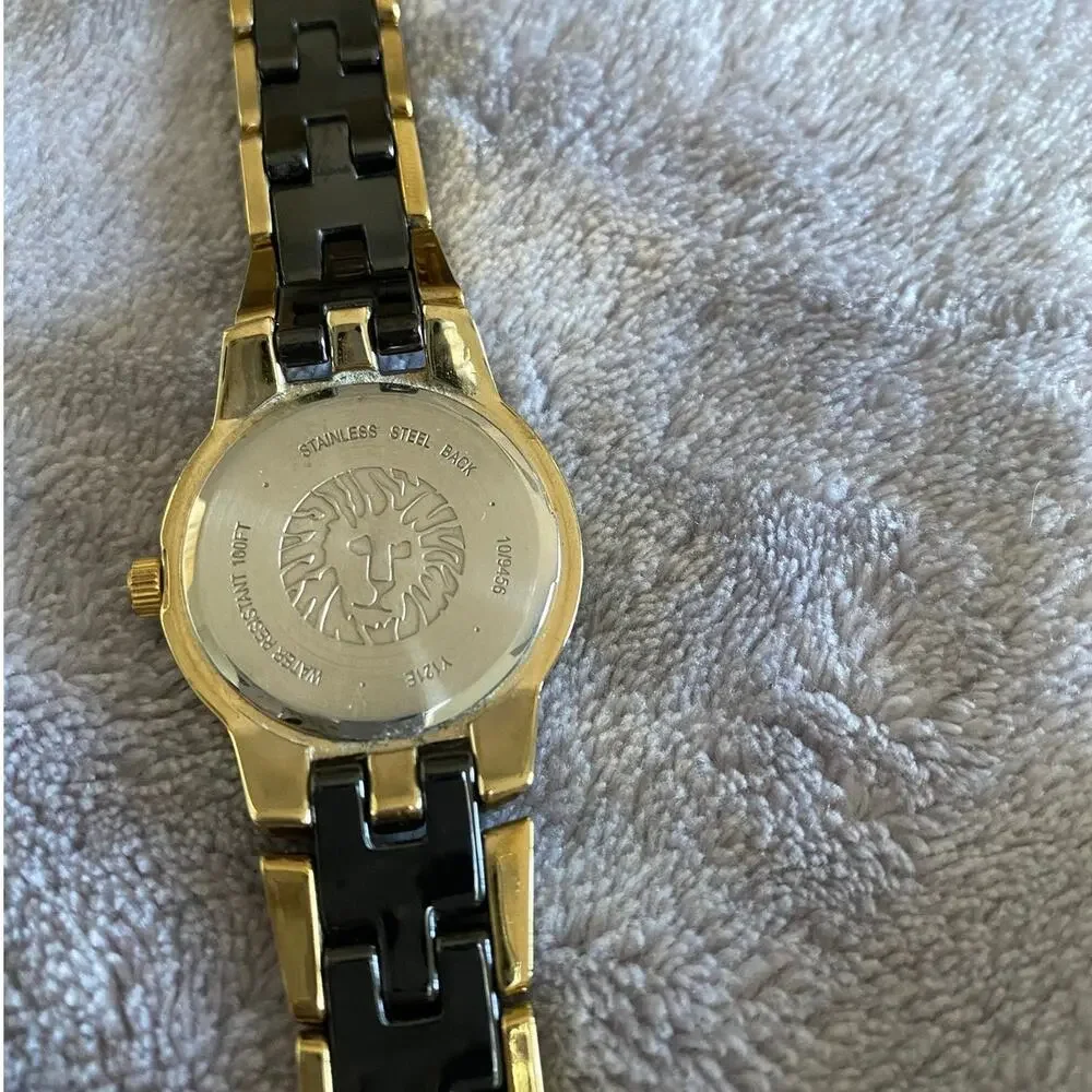 Anne Klein 10/9456 Two-Tone Gold & Black Ceramic Watch with Swarovski Crystals