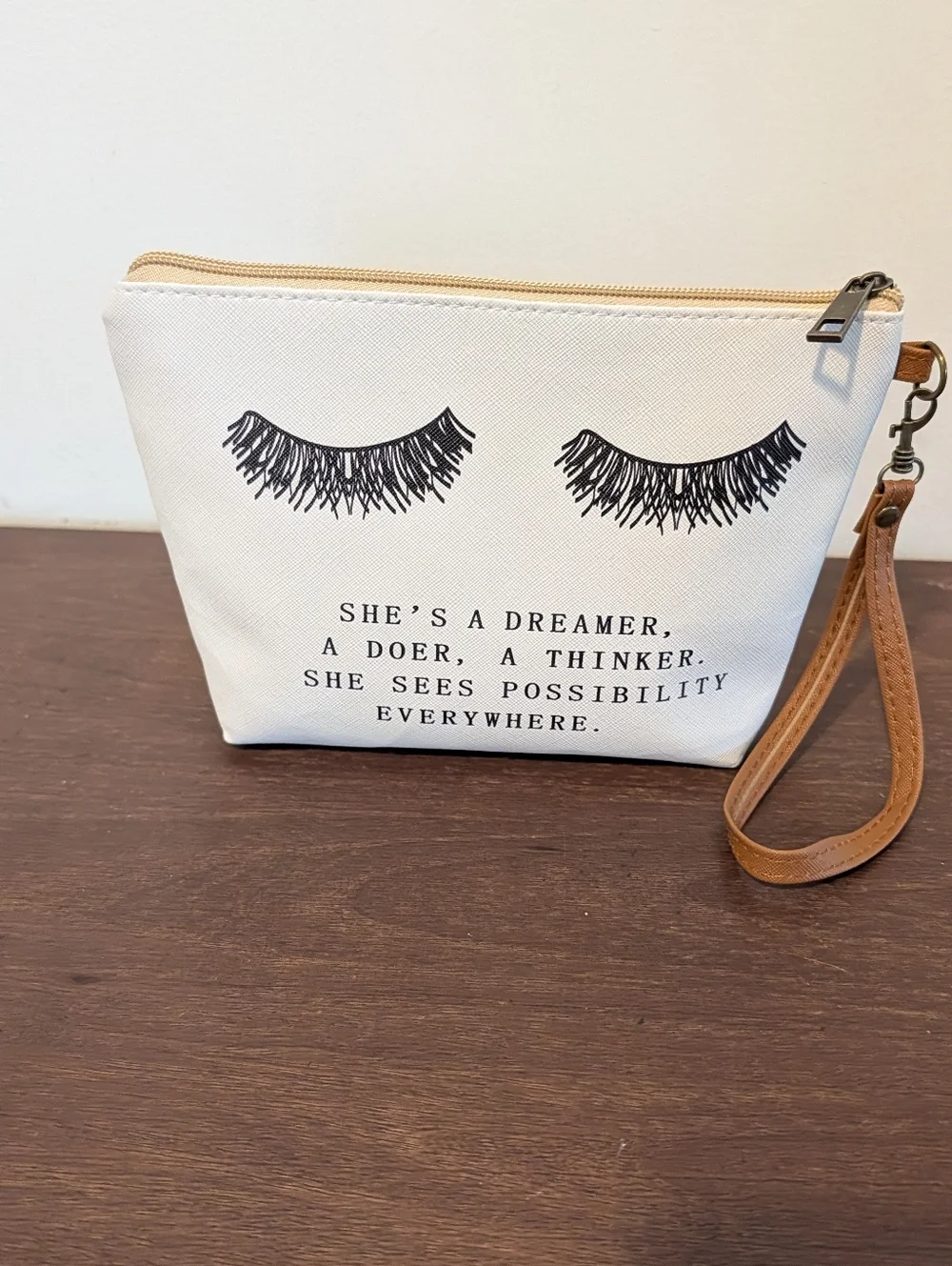 White Canvas Cosmetic Pouch with‎ Eyelash Print