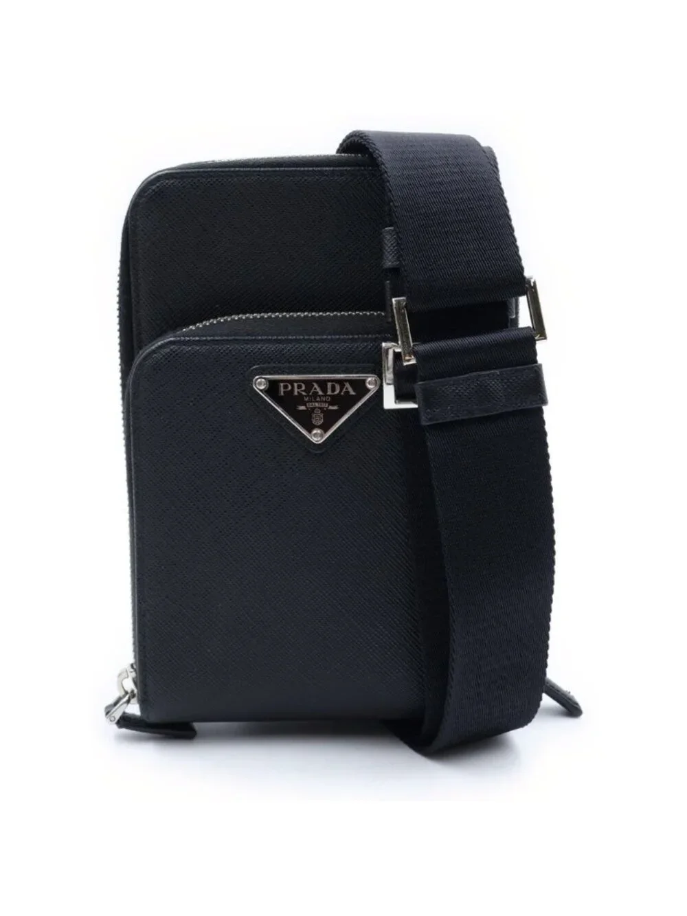 Prada Triangle Logo Saffiano Leather Shoulder Bag Phone Case Pouch Black