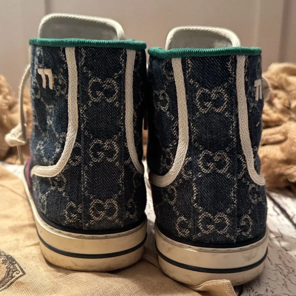 Men's Gucci High Top Denim Sneakers Monogram Blue Cream 8
