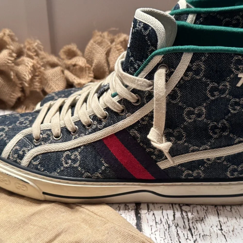 Men's Gucci High Top Denim Sneakers Monogram Blue Cream 8
