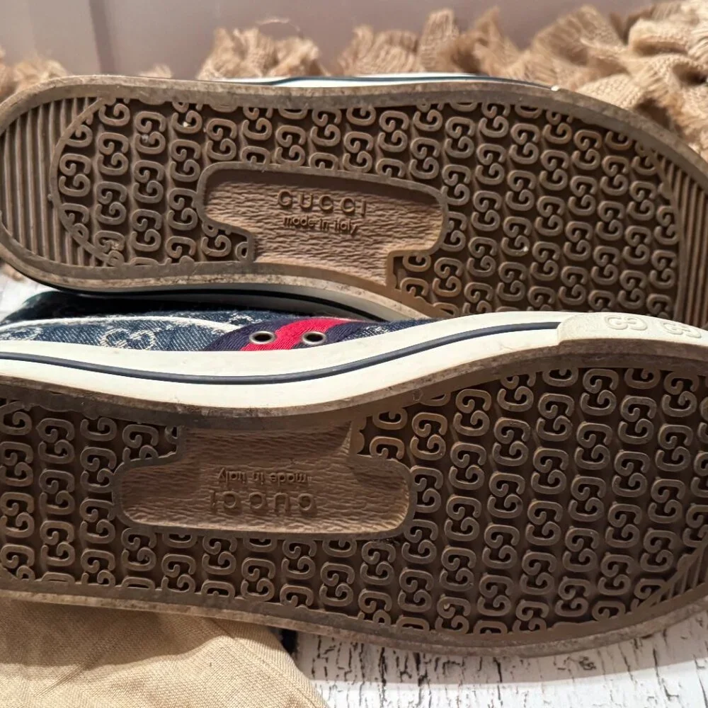 Men's Gucci High Top Denim Sneakers Monogram Blue Cream 8