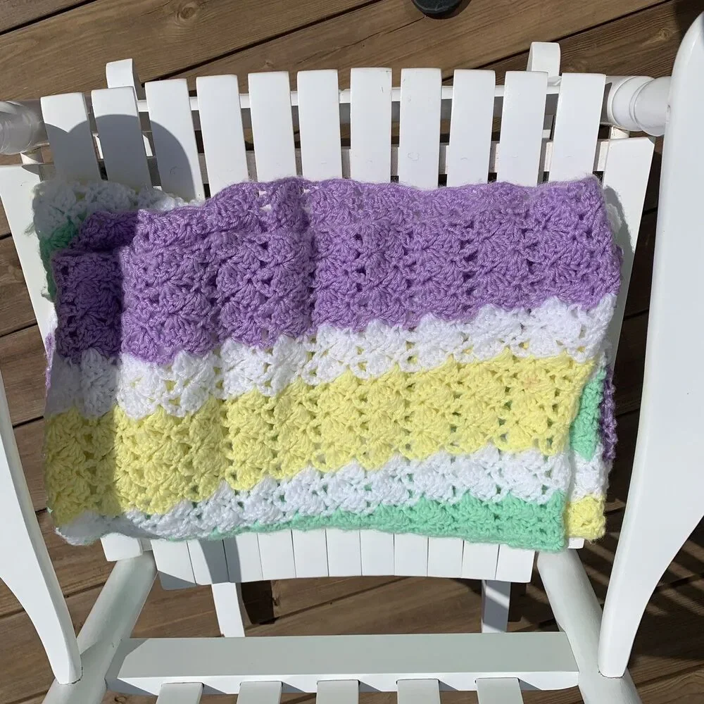 Afghan Blanket Knit Handmade Crochet Baby Throw Vintage 45” x 57” Pastel Colors