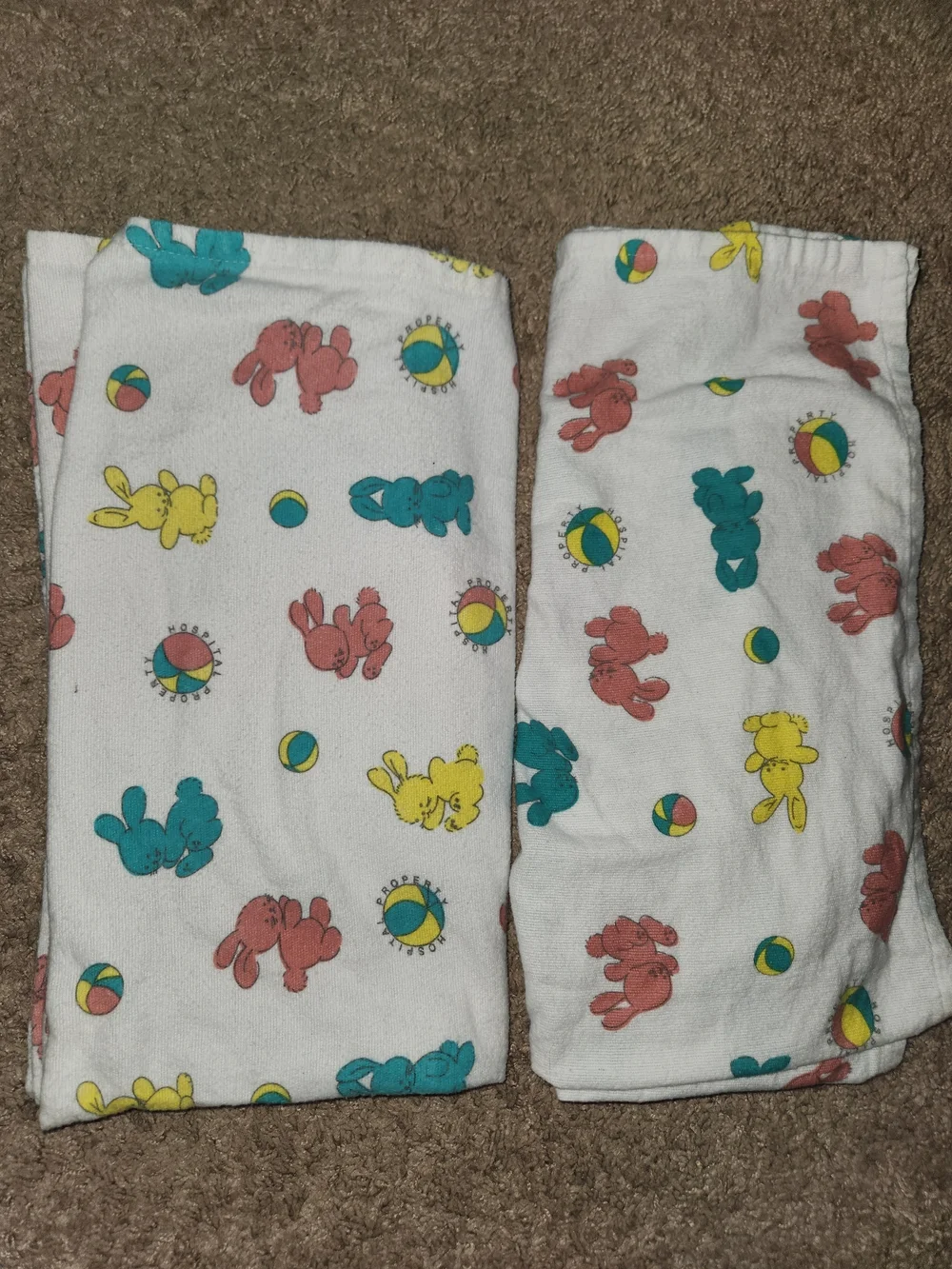 Vintage 1970 Bunnyland Hospital Property Baby Blanket Bunny Rabbit Ball 2 Pack