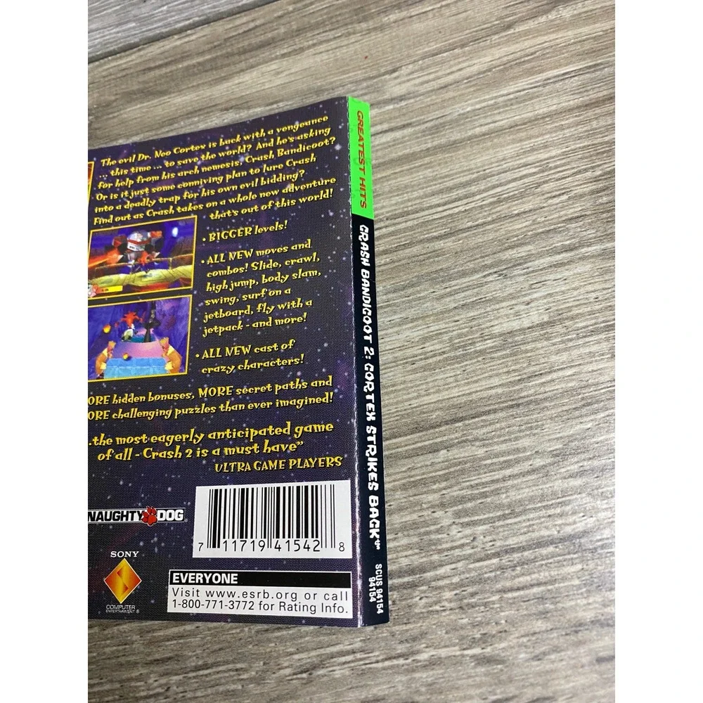 Crash Bandicoot 2 Cortex Strikes Back PS1 back art Greatest Hits SCUS-94154 Sony