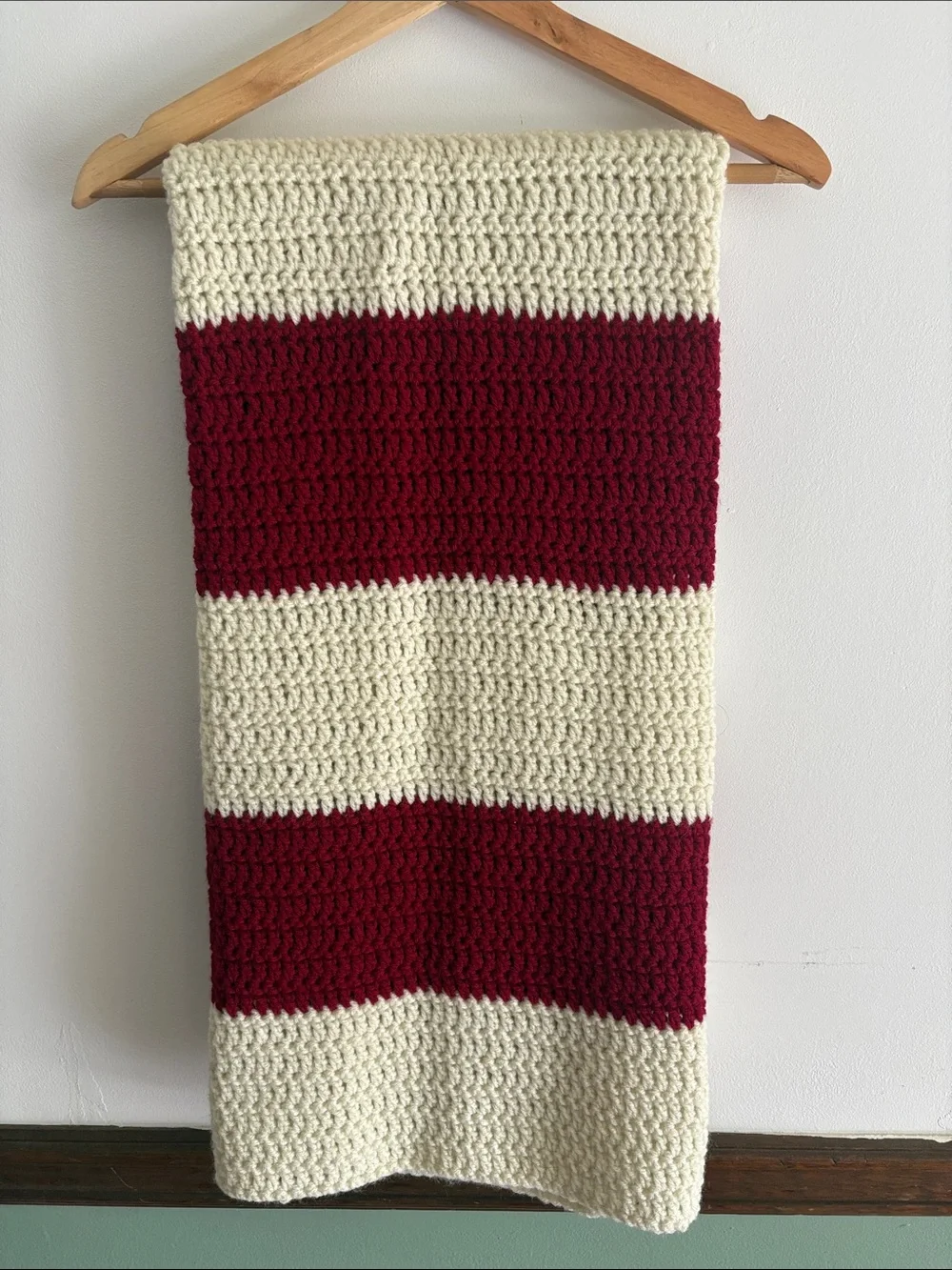 Handcrafted Cream & Burgundy Crochet Throw Blanket - Cozy Accent