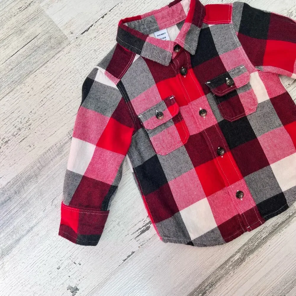 Old Navy Flannel Shirt Boys 12-18M Red Plaid Cotton Long Sleeve Button