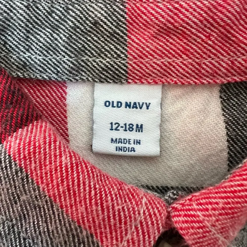Old Navy Flannel Shirt Boys 12-18M Red Plaid Cotton Long Sleeve Button
