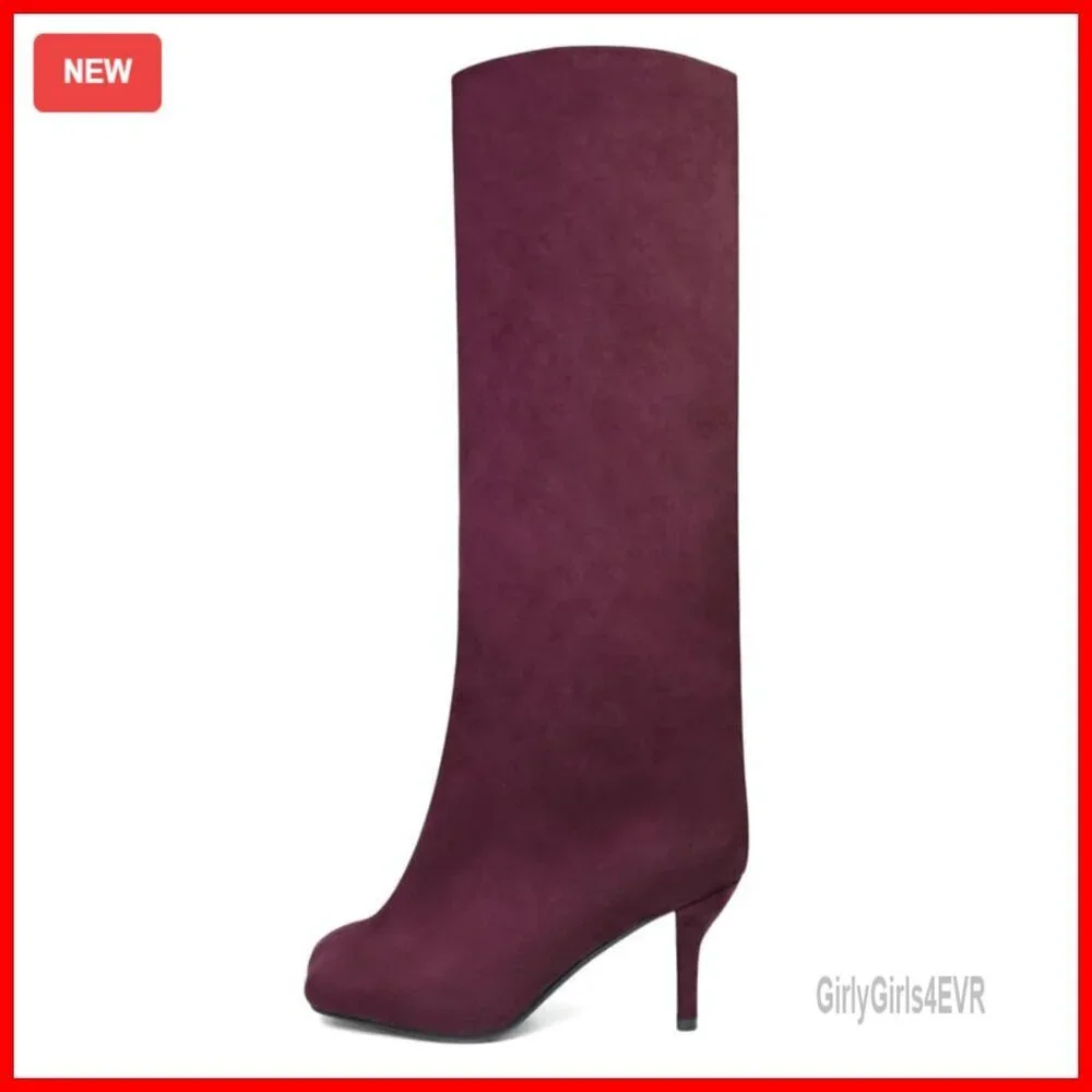 Wide Calf Knee High Suede Boots Square Toe Slouchy Fashion Booties