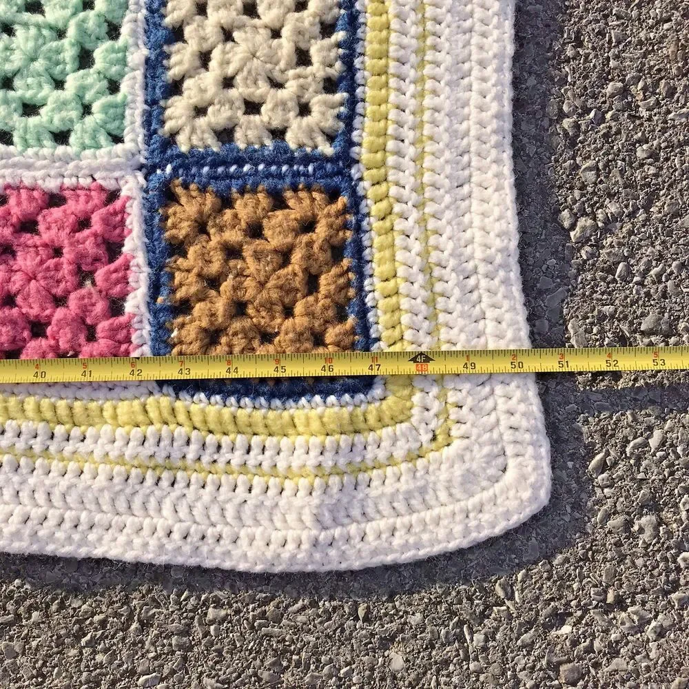 Vintage Granny Square Crochet Knit Afghan Throw Blanket Multicolor Border 4x4 ft