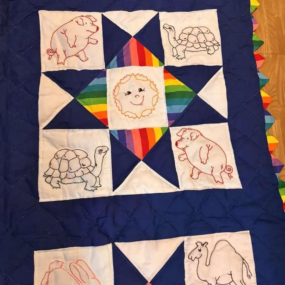 Handmade Noah’s Ark Animal Rainbow Embroidered Quilt Blanket 50x50 Vintage Style