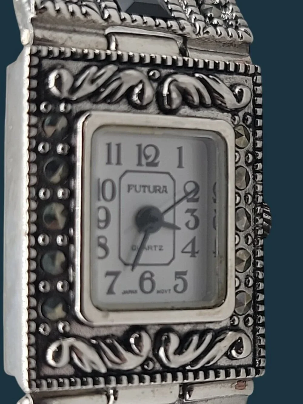 Futura Tank Ladies Quartz Watch 20mm Dial Marcasites Silver Tone 6.5” Band