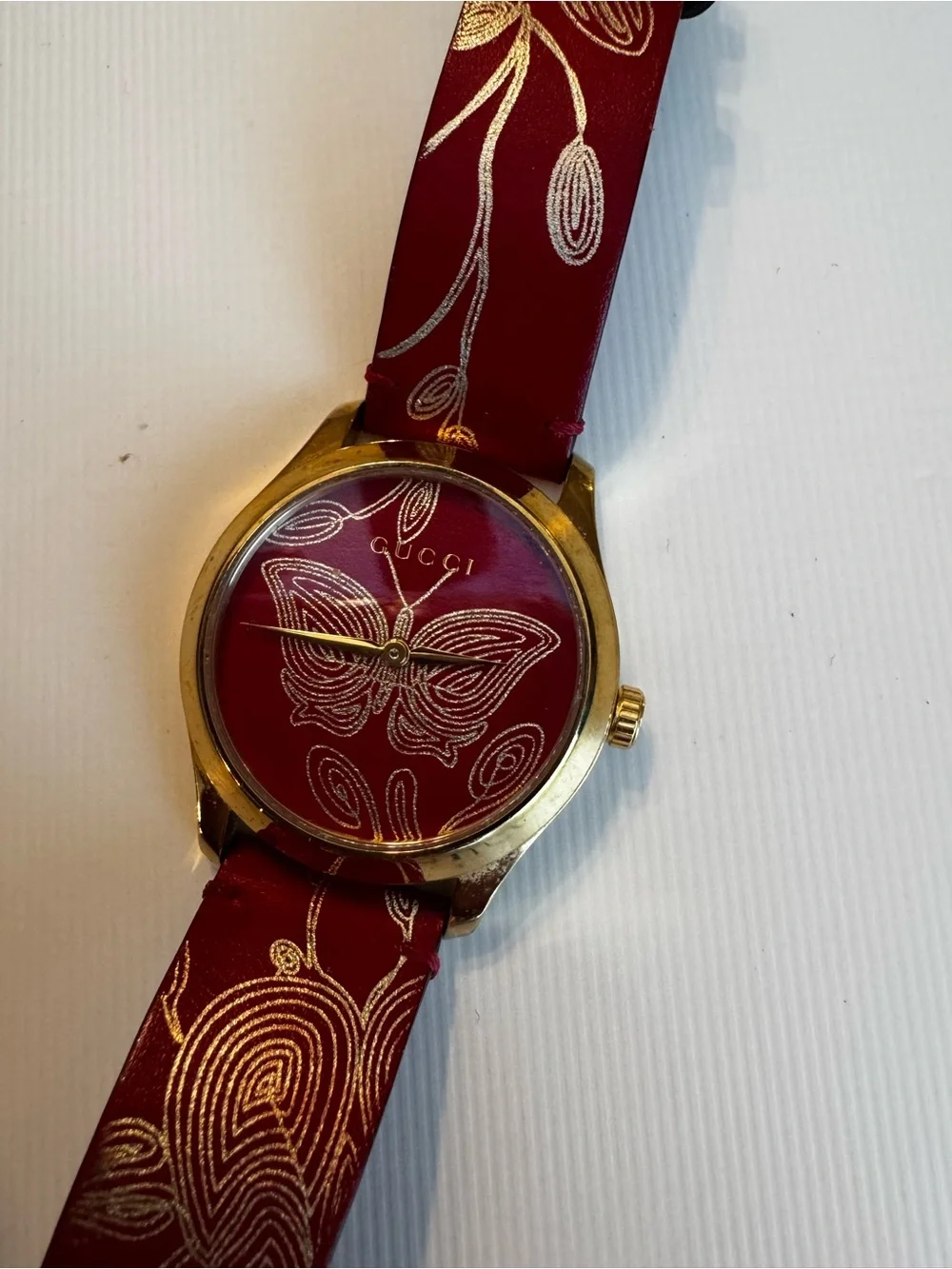 Gucci Gold-Tone Case Watch with Red Butterfly Strap