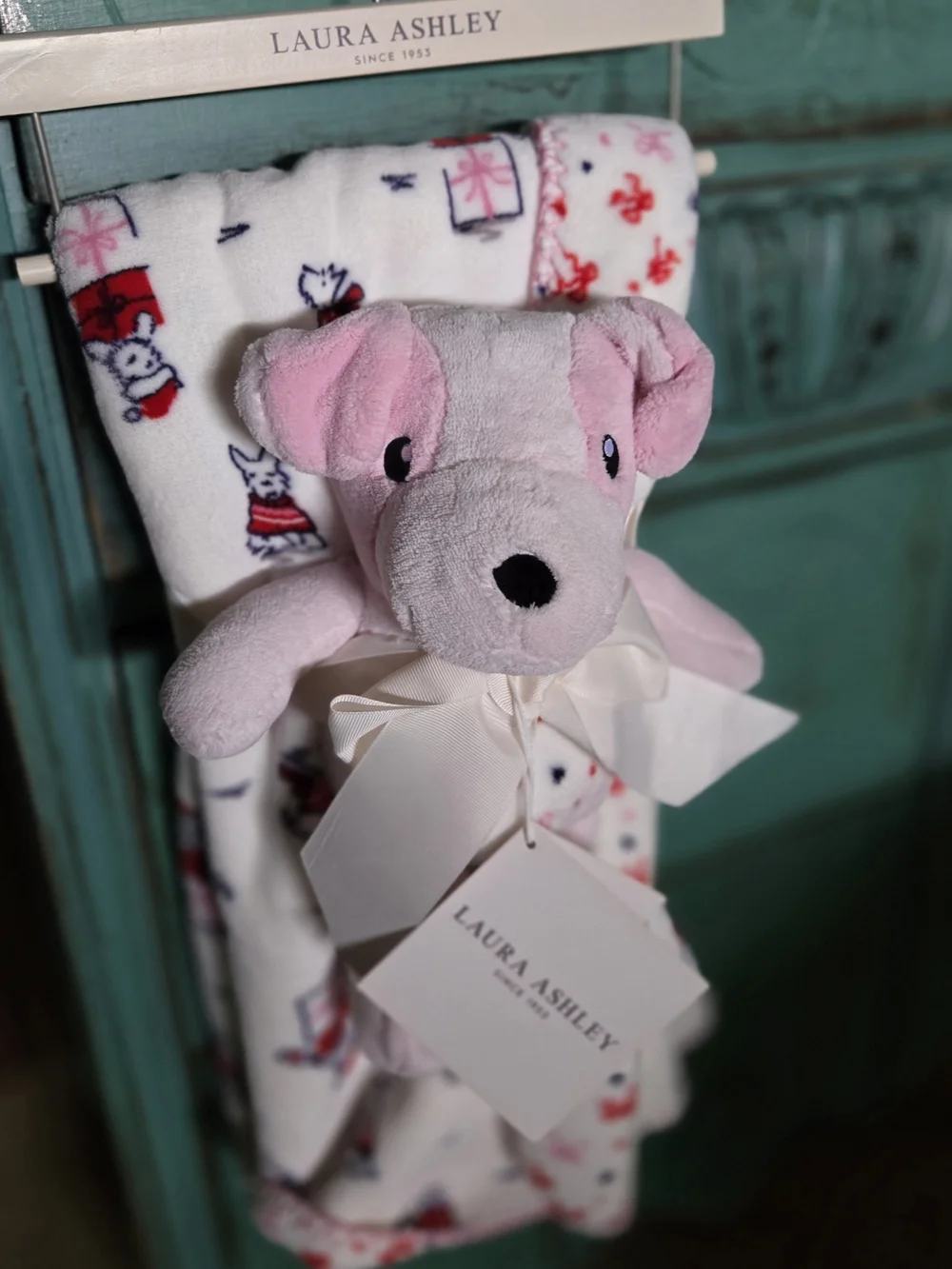 Laura Ashley Pink Plush Bear Lovey with Cream Bow