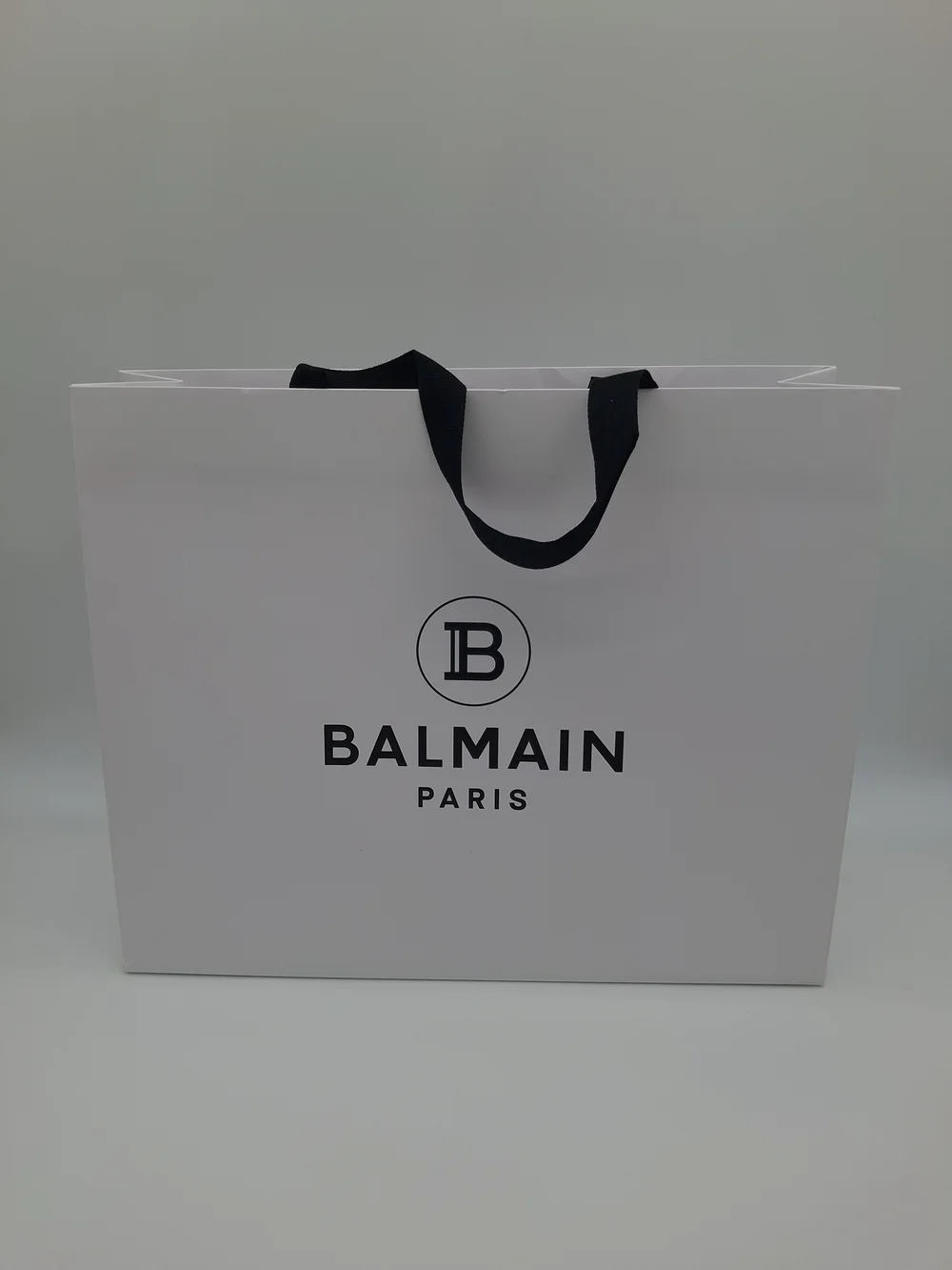 BALMAIN PARIS Large White Black Logo Luxury Shopping Gift Bag Ribbon Handles EUC