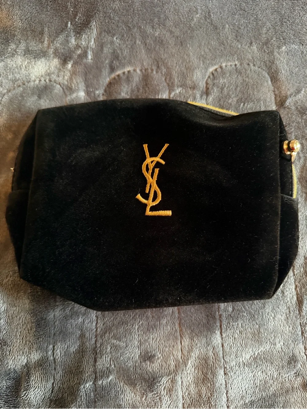 GWP!! Saint Laurent Black Velvet Cosmetic Pouch with Gold YSL Monogram