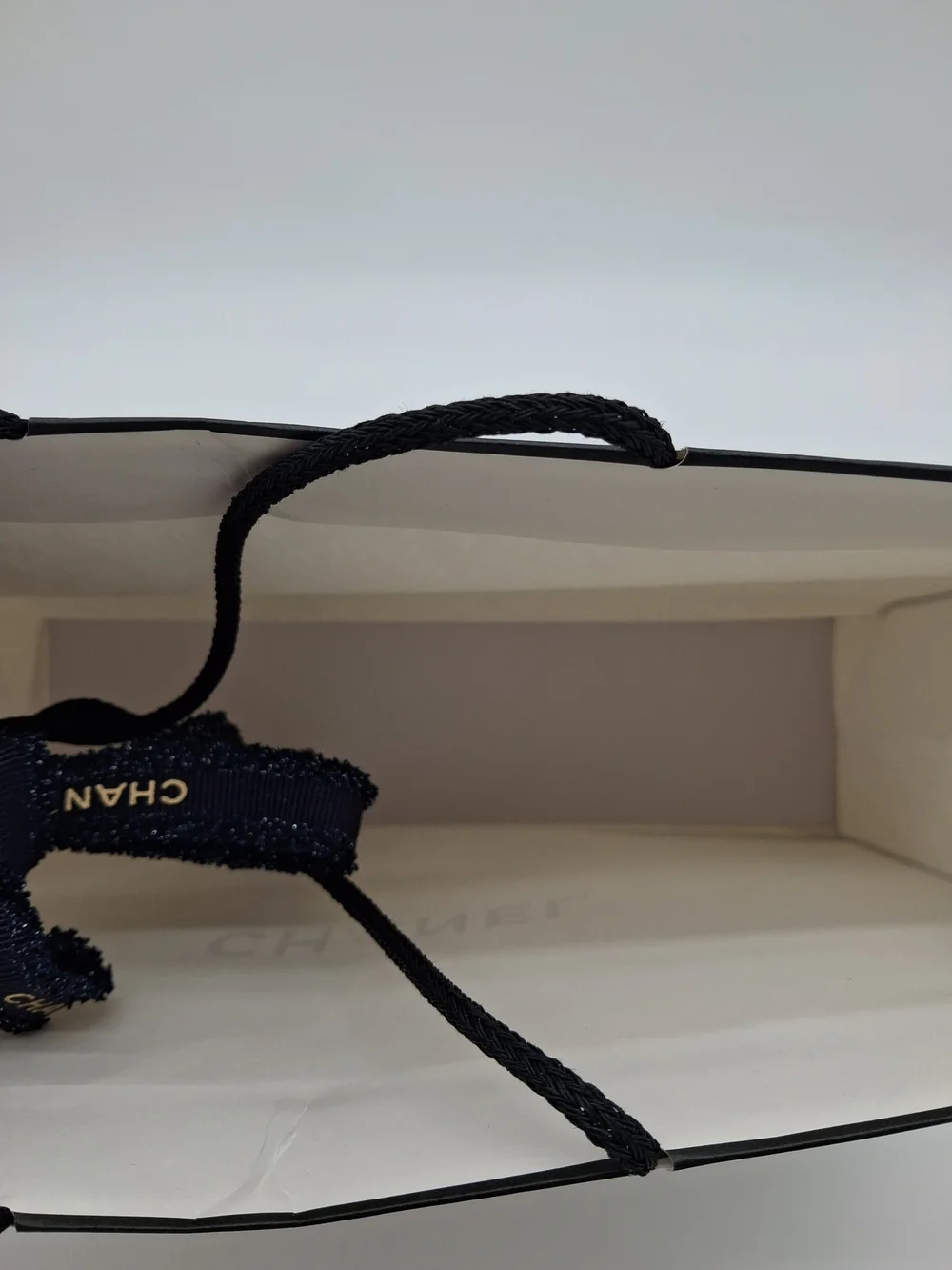 CHANEL White Black Shopping Gift Bag Rope Handles Logo Ribbon Luxury Packaging