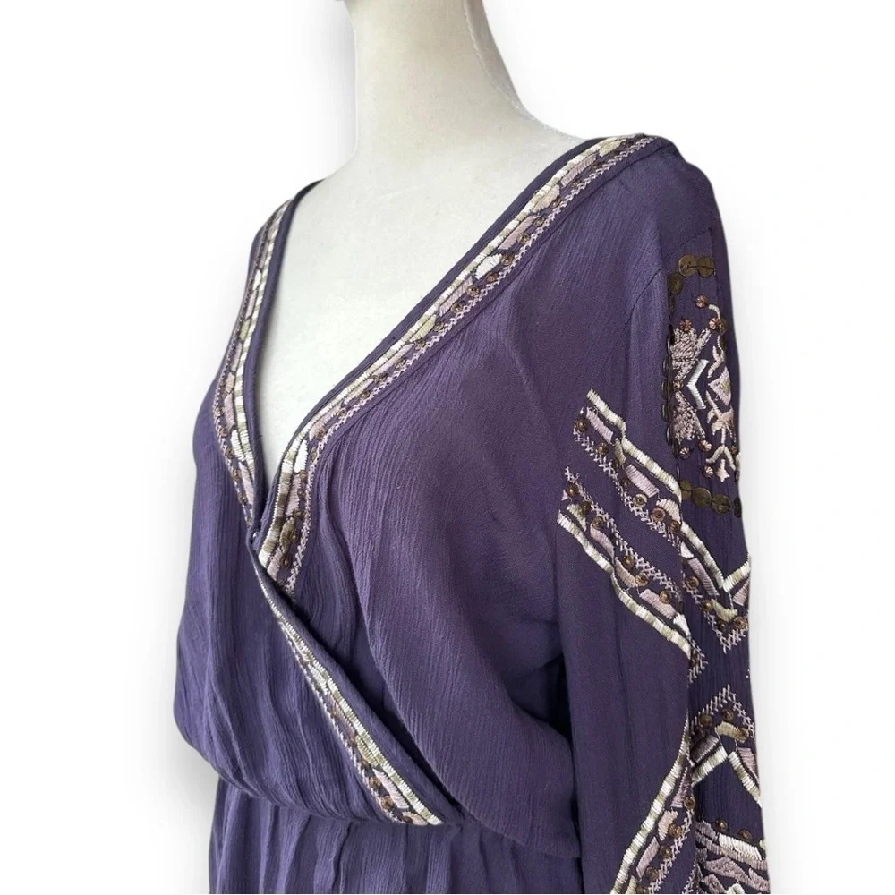 Free People Stitch Up Your Heart Purple Beaded Embroidered Blouse | Size Medium