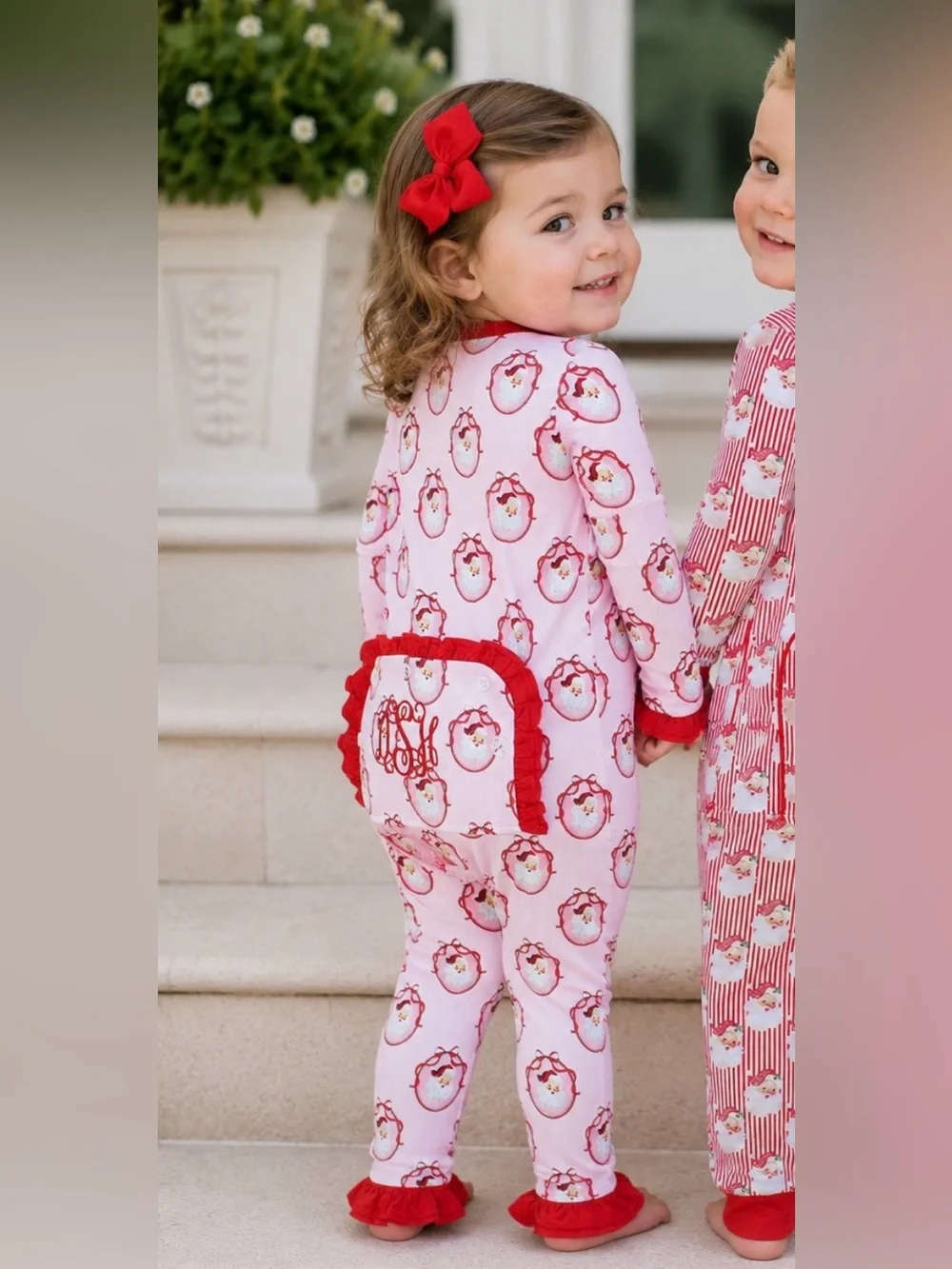CECIL and LOU Pink and Red Knit Santa Zipper Ruffle Pajamas- 3-6M