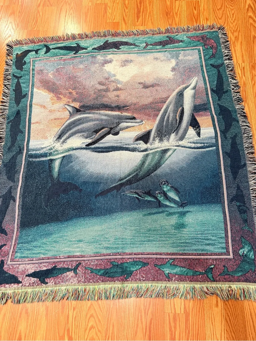 Vintage tapestry Dolphin Coastal Throw Blanket - Teal & Blue 54x48