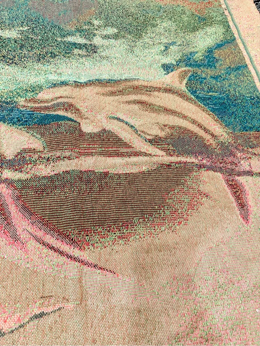Vintage tapestry Dolphin Coastal Throw Blanket - Teal & Blue 54x48