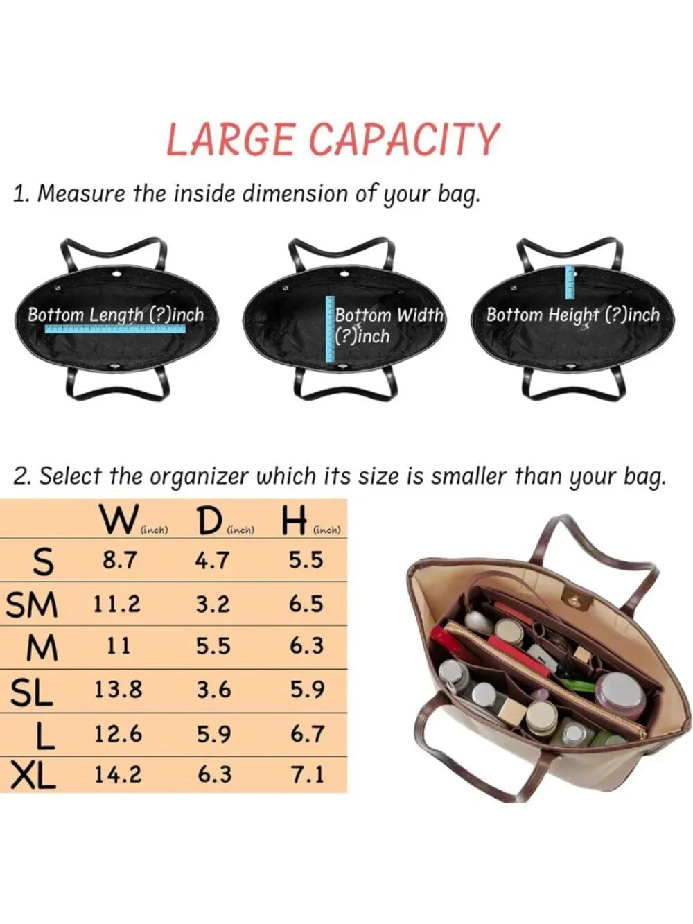 Medium Brown Purse Organizer Insert with Zipper & Key Chain - Tote Bag Essential