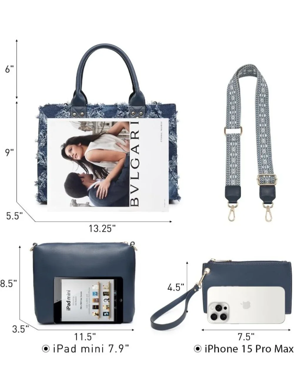 Women's Denim Blue Wallet Set Top Handle Satchel Shoulder 3pcs Hobo Handbag