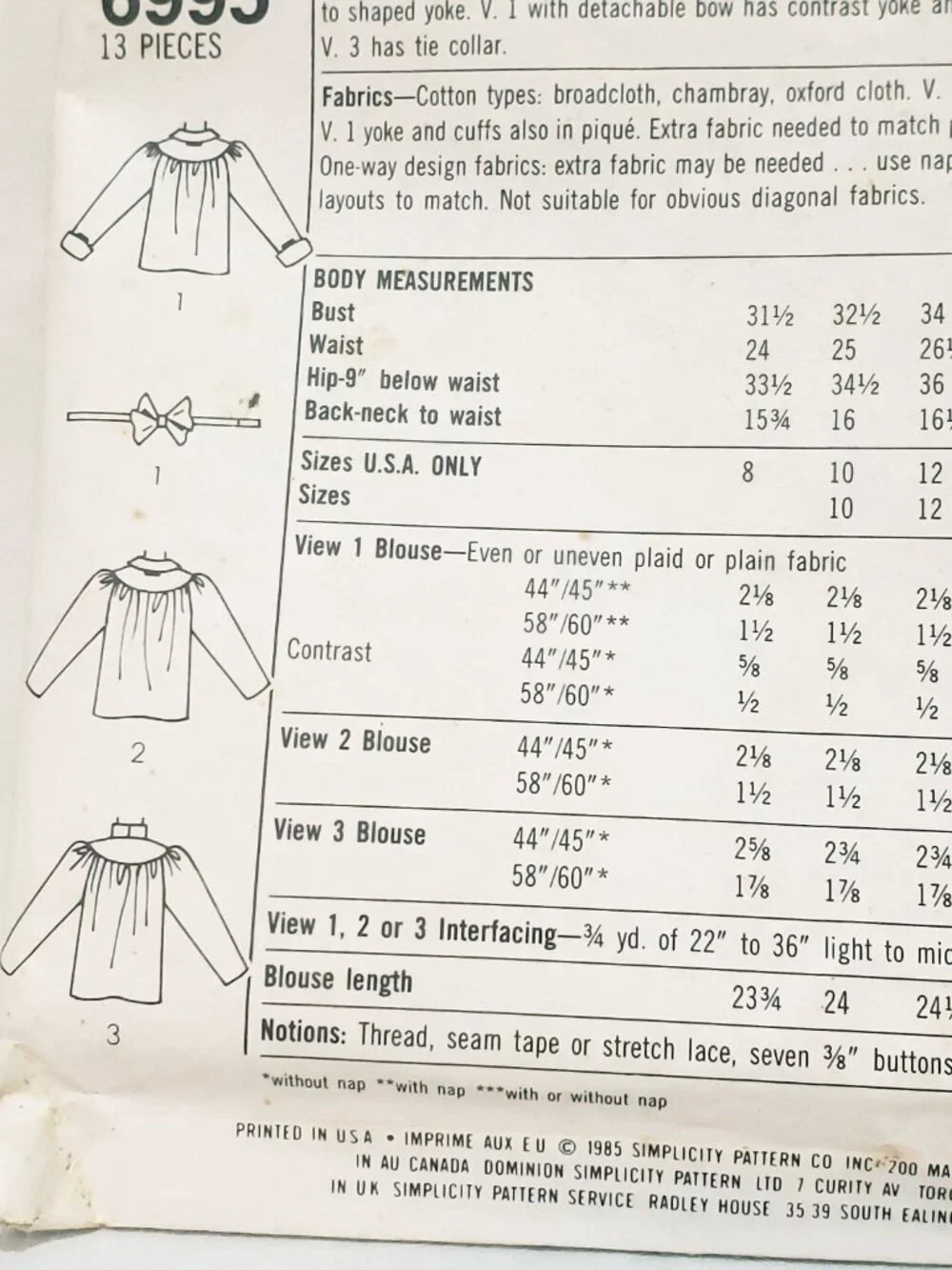 Button Front Blouse Top Shirt Misses Pattern 6995 Size 8 Simplicity 1985 Uncut
