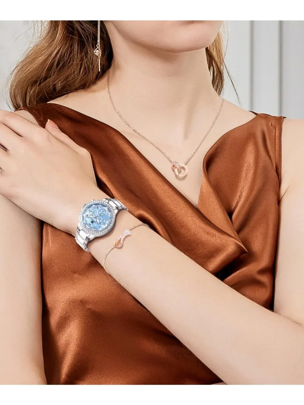 Women's Blue Set Shinning Elegant Luxury Necklaces & Bracelets Dress Wrist Watch
