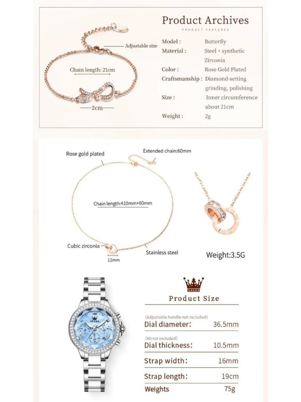 Women's Blue Set Shinning Elegant Luxury Necklaces & Bracelets Dress Wrist Watch