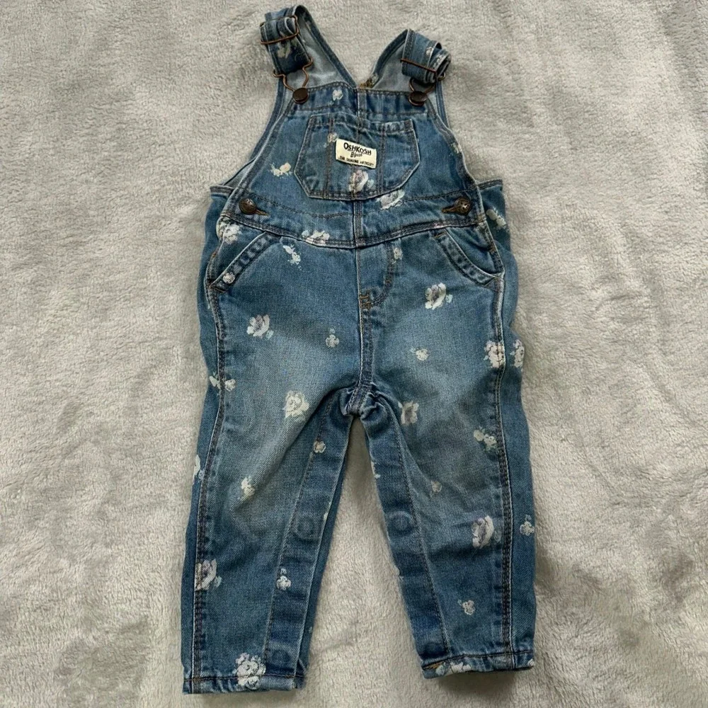 OshKosh B'gosh Denim Overalls Kids 9M Blue Floral Print Cotton Bib Jumpsuit