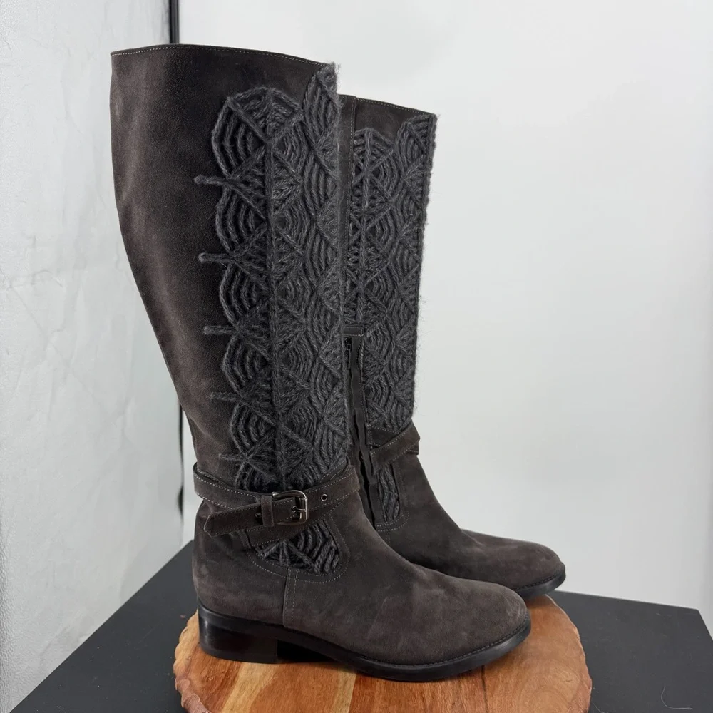 Napoleoni‎ suede knee-high boots sweater-knit embroidered shaft buckled strap 41