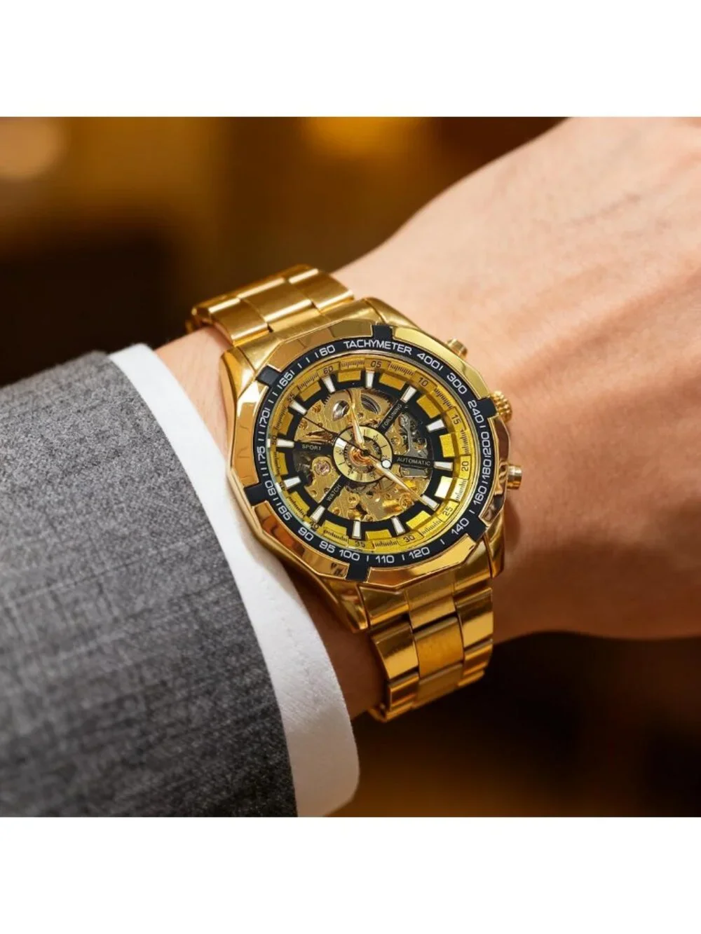 Luxury Mechanical Skeleton Watch, Waterproof Stainless Steel, Self-Winding