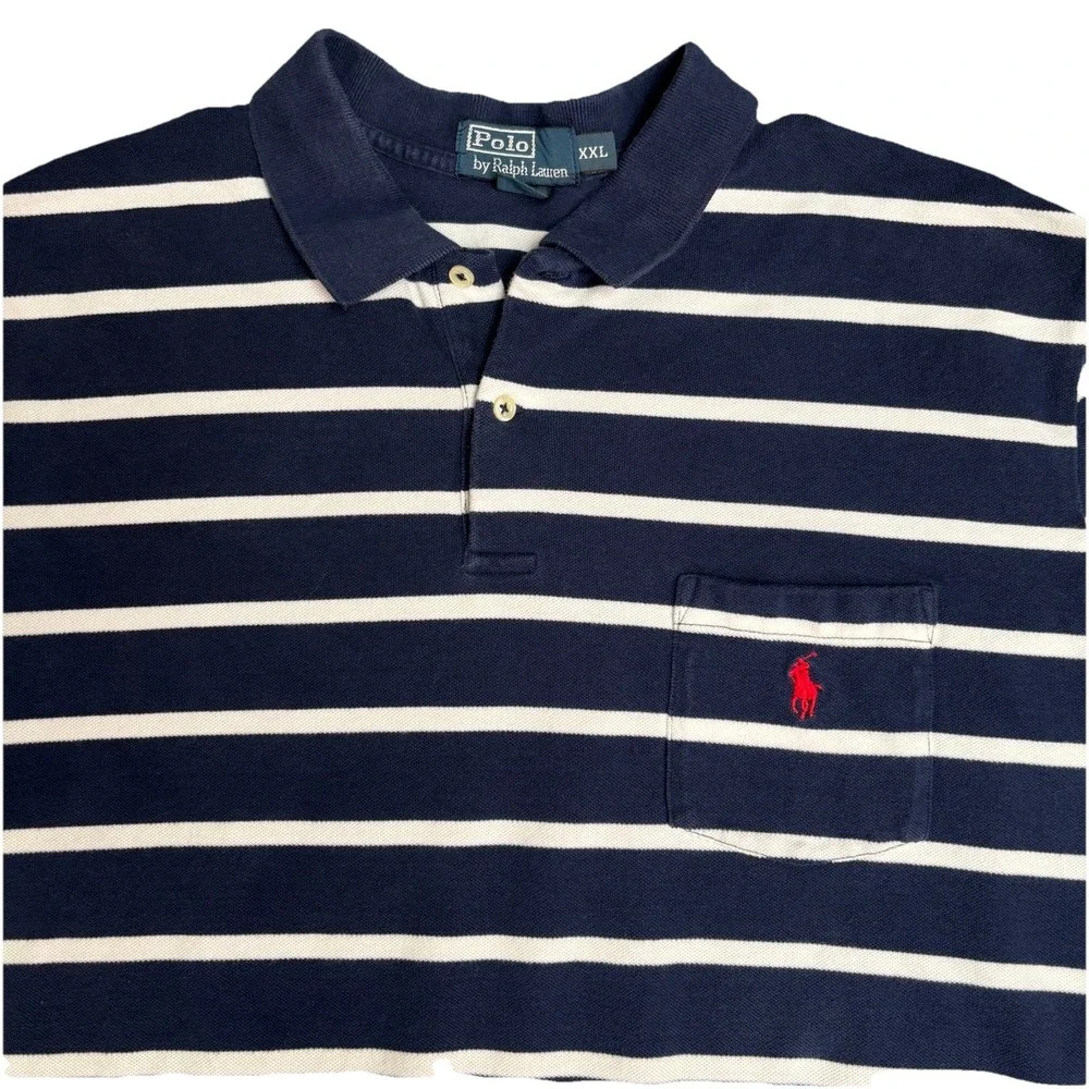 Polo Ralph Lauren Men's‎ XXL Navy/White Striped Polo Shirt 100% Cotton Red Pony