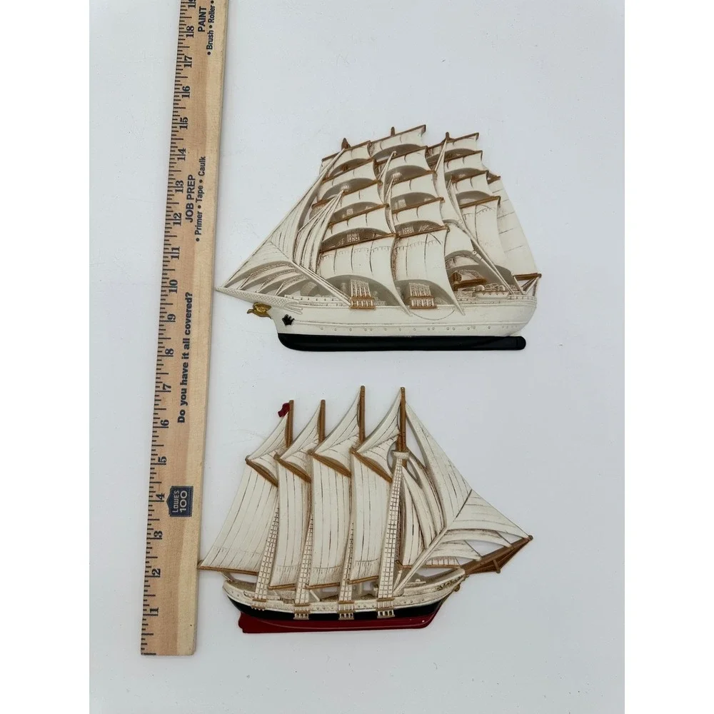 Vintage Sailing Ship Wall Decor Nautical 3D Relief Plaques Cream White Set of 2‎