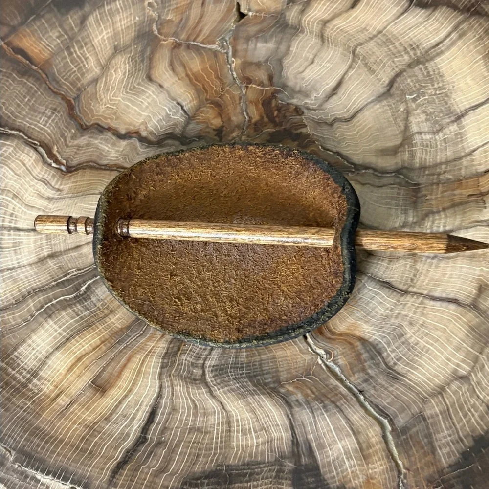 Handcrafted Leather Hair Clip with Embossed Eagle and Engraved Wooden Hair Stick