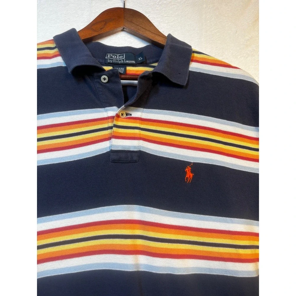Vintage 90s Ralph Lauren Mens XL Faded Rainbow Striped‎ Collared Polo Shirt