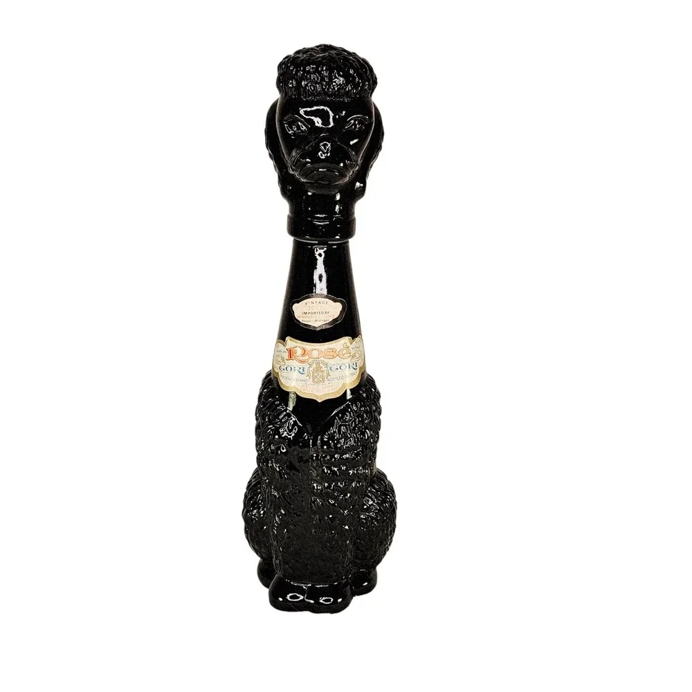 Vtg 1971 Black Glass Sitting Poodle Dog‎ Wine Decanter Bottle Detroit MI Italy