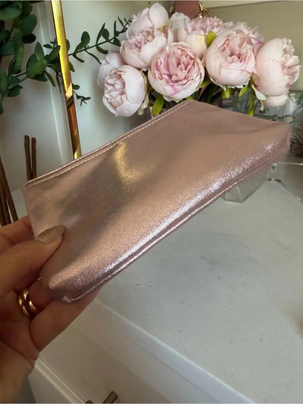 Metallic pink Wristlet Pouch - Elegant Clutch Bag w camellia clip