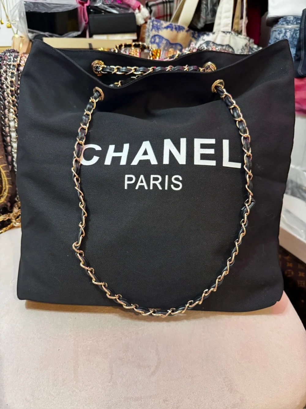 Black Canvas Tote Gold Chain