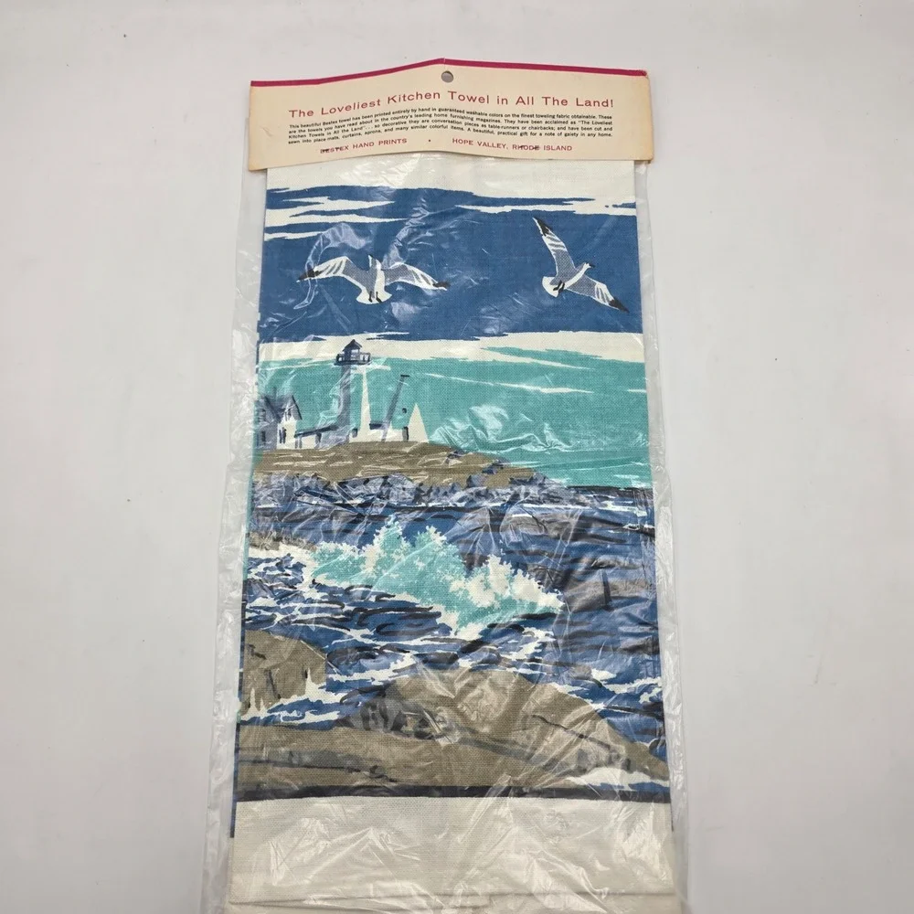Kitchen Towel Vintage‎ MCM Coastal Blue Sailboat Lighthouse Beach Decor NOS