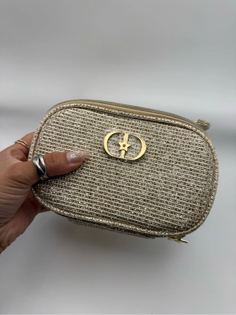 Designer Inspired Gold Glitter Cosmetic Makeup Bag with Star Emblem