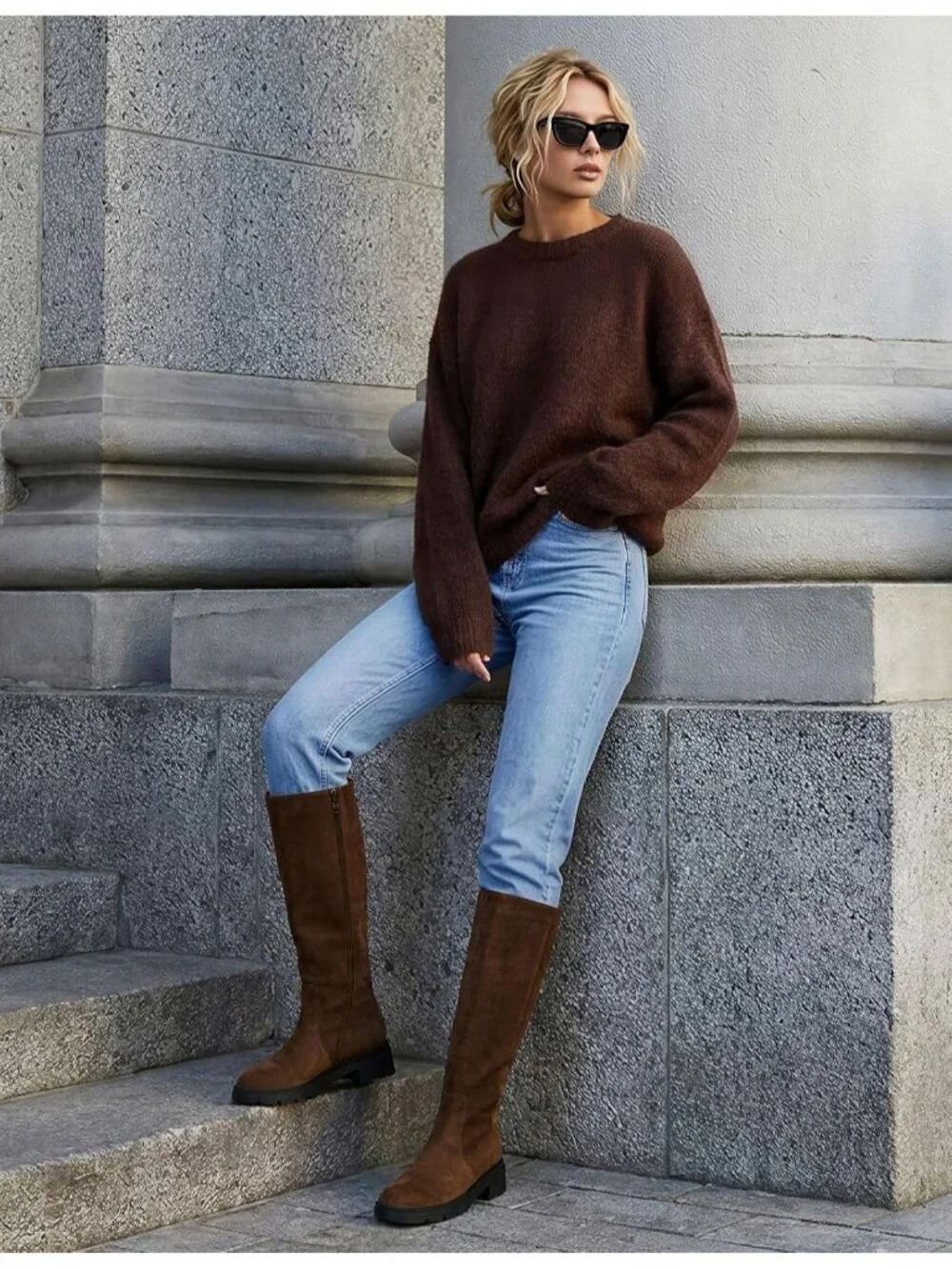 Women's Chocolate Faux Suede Low Block Heel Casual Side Zipper Knee High Boots
