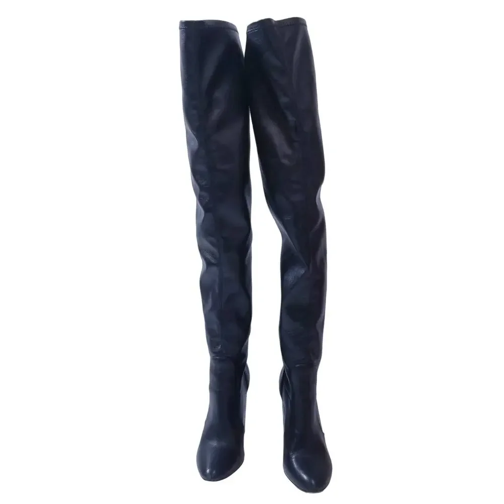 Aquazurra Black Leather Over the Knee Heels Boots